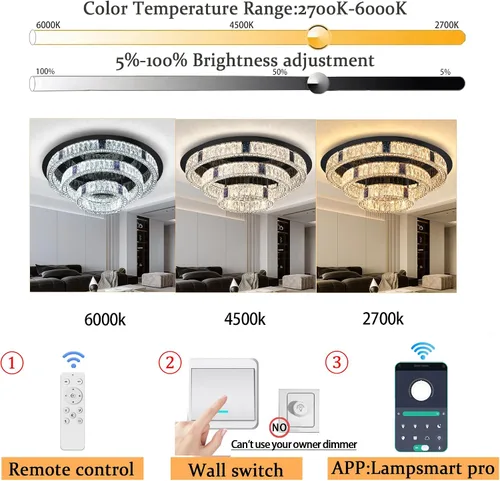 Miniatura 6 de Candelabro de cristal LED moderno de 32 pulgadas para sala de estar, lámpara redonda de cristal de 3 niveles, lámpara de techo de cristal negro