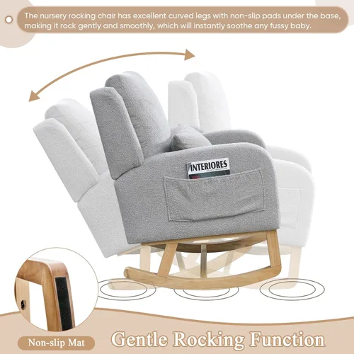 Miniatura 4 de Silla Mecedora Deslizante para Guardería, Silla Mecedora de Acento con Respaldo de Ala Tapizada de Respaldo Alto con Reposabrazos y Bolsillos