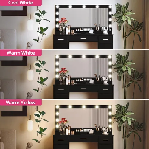 Miniatura 5 de MIRROTOWEL Escritorio de tocador de 47.5 pulgadas con espejo grande, 3 modos de iluminación de color, brillo ajustable, cómoda con 3 cajones y 2