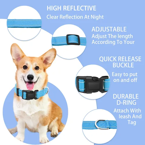 Miniatura 2 de collar reflectante para perros con hebilla de bloqueo de seguridad, collares de nailon suaves y transpirables ajustables para perros pequeños, Azul