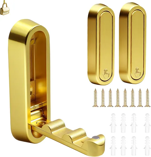 2 ganchos de pared plegables dorados, ganchos plegables para colgar en la pared, bolsas/mochila/ropa gancho montado para baño, dormitorio, cocina