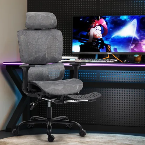 Miniatura 8 de Silla de oficina ergonómica con soporte lumbar ajustable, reposabrazos y reposacabezas 3D, silla reclinable de 135° con reposapiés, silla giratoria