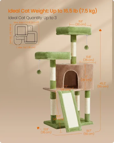Miniatura 5 de Feandrea Árbol para gatos, torre para gatos de 45.3 pulgadas, condominio de felpa con poste rascador, rampa, perca, cueva espaciosa, para espacios