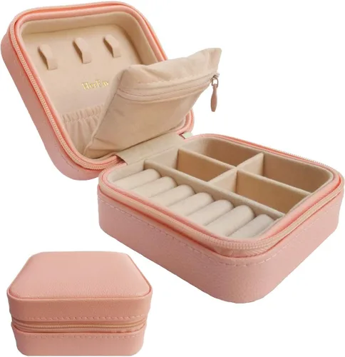 HerFav Organizador de joyas de viaje, pequeño joyero, mini joyero portátil para anillos, aretes y collares para mujeres y niñas (rosa)