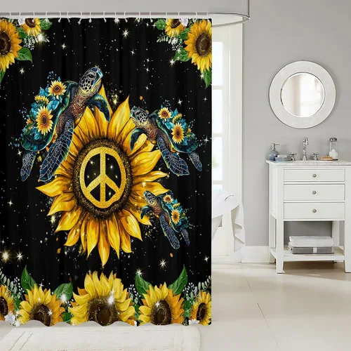 Miniatura 2 de Cortina de baño de tortuga marina, símbolo de paz, girasol, cortina de ducha de 72 pulgadas de ancho x 72 pulgadas de largo, juego de cortina
