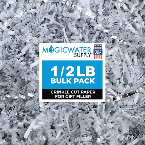 MagicWater Supply - 1/2 libra - Blanco & Plata - Relleno de papel triturado de corte arrugado ideal para envolver regalos, rellenar cestas, Blanco y
