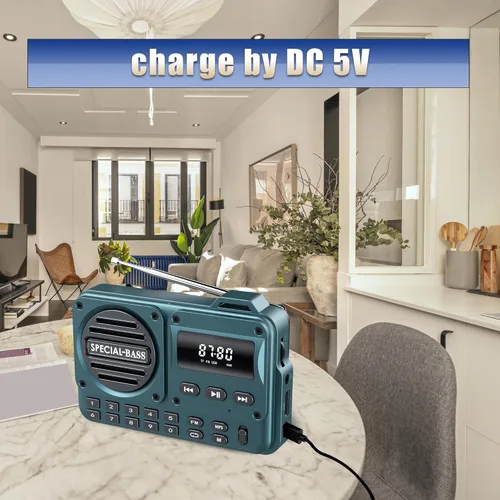 Miniatura 2 de Radio de bolsillo FM con carga USB-C, 2000 mAh, recargable, excelente recepción, altavoz transparente y conector para auriculares, pantalla LCD