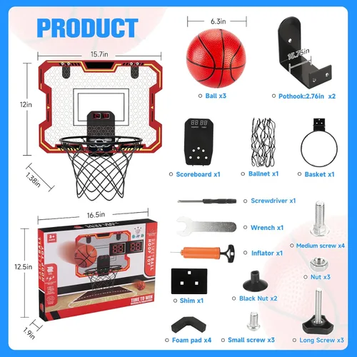 Miniatura 6 de Basketball Hoop Indoor for Kids(4-12 Years Old), Over The Door Basketball Hoop with Scoring, Countdown and Music Accompaniment, Christmas Toys