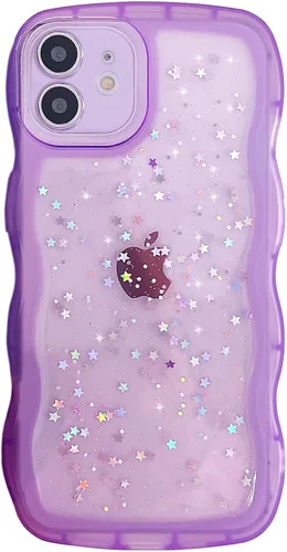 Miniatura 143 de Qokey Funda para iPhone 12 Pro Max de 6.7 pulgadas, diseño de onda rizada, borde transparente, brillante con purpurina, estrella brillante, bonita