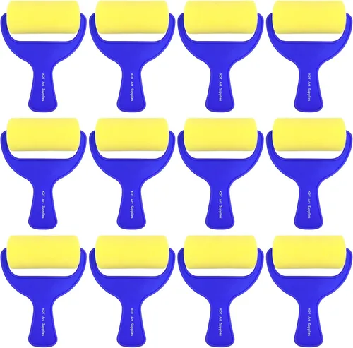 Juego de 12 rodillos de espuma de 3 x 12 pulgadas, rodillo de esponja para pintar arte y manualidades, suave, desechable y lavable, azul, amarillo