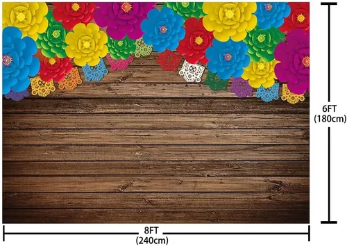 Miniatura 5 de AIBIIN Telón de fondo de fotos de fiesta mexicana de 8 x 6 pies, banderas rústicas de madera con flores coloridas, fondo de fotografía, cumpleaños