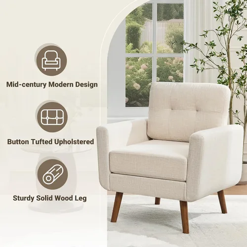 Miniatura 3 de Tbfit Sofá individual de tela de lino, silla de acento, sillón moderno de mediados de siglo para sala de estar, dormitorio, tapizado con botones
