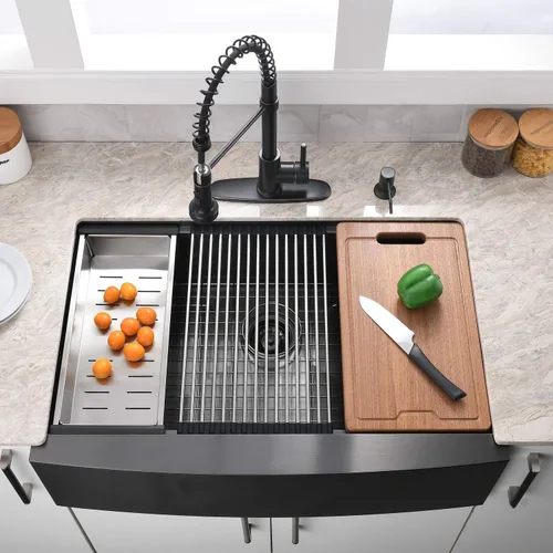 Miniatura 3 de Estación de trabajo de fregadero de cocina de granja de 84 cm negro - VOKIM 84x56 cm estación de trabajo con frente descubierto fregadero de cocina