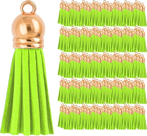 Miniatura 80 de Mandala Crafts 100 borlas de gamuza sintética color aguamarina con tapa dorada, suministros para hacer llaveros a granel, pequeñas borlas de cuero