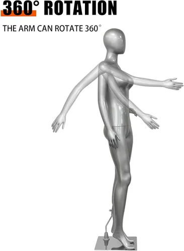 Miniatura 6 de Forma de maniquí femenino de cuerpo completo de plata brillante de 70.8 pulgadas, brazos giratorios desmontables de 360° con base de metal Plateado