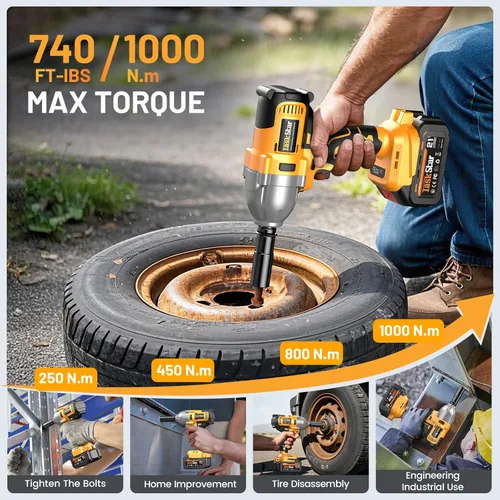Miniatura 3 de TaskStar Llave de impacto inalámbrica de 740 pies-libras (1000N.m) 3300RPM pistola de impacto de alto par de 1/2 pulgada, destornillador de impacto