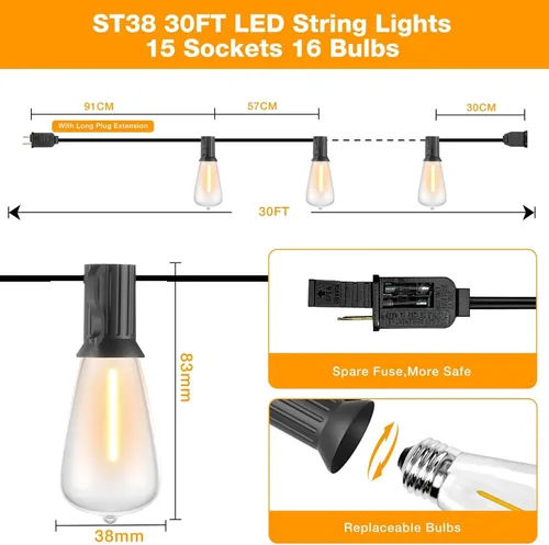 Miniatura 3 de GLUROO Cadena de luces para exteriores, 30 pies de luces LED impermeables para patio al aire libre con más de 15 bombillas vintage irrompibles