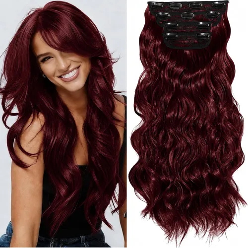Burgundy Clip in Hair Extensions, 4 PCS Natural Soft Long Wavy Clip on Synthetic Hair Hairpieces Curly 20Inch Curly Thick Hair 11 Clips (118#, 20