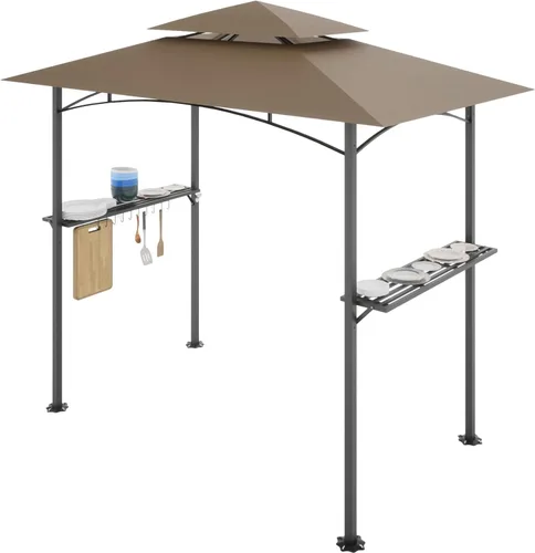 Gazebo de parrilla de 8 x 5 pies, carpa de parrilla para parrilla al aire libre, gazebo de barbacoa de doble nivel con marco de acero, dos estantes,