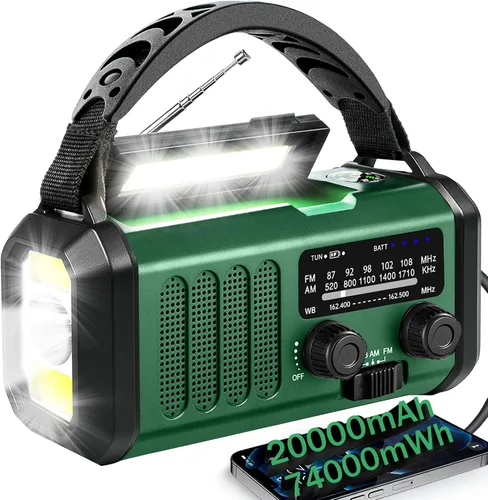 Miniatura 9 de QAUYYW Radio de emergencia con manivela, radio NOAA AM FM meteorológica portátil con manivela de 37000 mAh solar, con linterna de 3 modos y luz