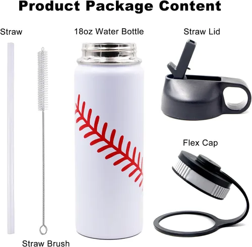 Miniatura 2 de Botella de agua de béisbol de 18 onzas, botella deportiva de boca ancha, vaso de viaje de metal con 2 tapas, botellas de agua aisladas al vacío