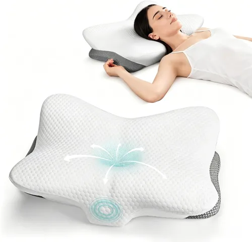 Miniatura 8 de Almohada cervical para soporte de cuello y hombros, almohadas ergonómicas de contorno de espuma viscoelástica con doble altura ajustable y funda Azul