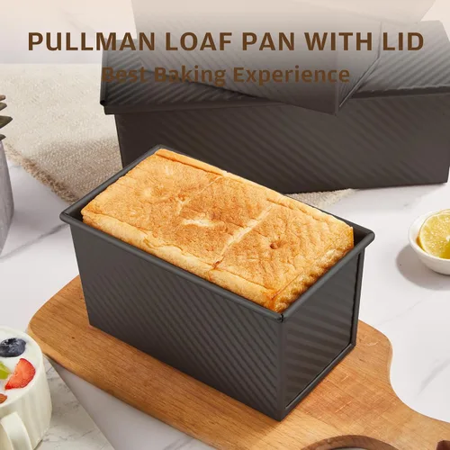 Miniatura 5 de KITESSENSU Molde para pan Pullman de acero al carbono con tapa, capacidad de masa de 1 libra, negro, antiadherente, pan y tostadas