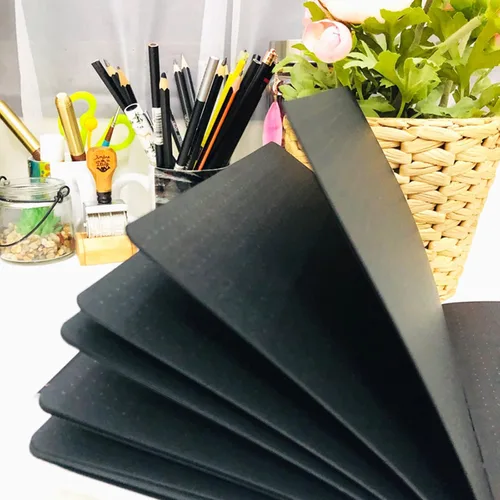 Miniatura 8 de Cuaderno de páginas negras con puntos A5, piel sintética, 150 GSM, cuaderno diario de papel negro con páginas negras (blanco)