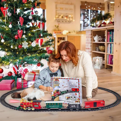 Miniatura 6 de Juego de tren para niños con humo, luces y sonido, juego de tren para debajo del árbol de Navidad, tren de juguete eléctrico para regalos de 3, 4
