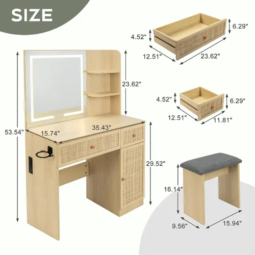 Miniatura 2 de Yechen - Tocador de 35" estilo bohemio con espejo iluminado con LED y regleta de enchufes, juego de mesa de maquillaje de madera con cajones