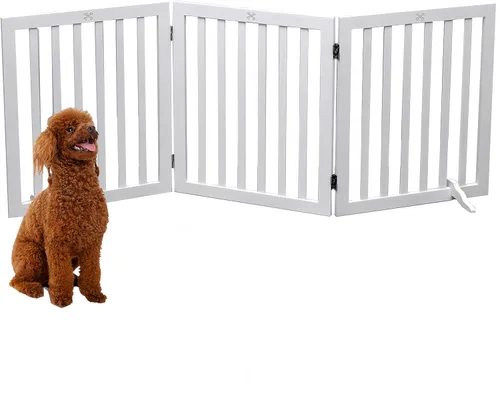 Puerta para Perros de Madera Independiente para Mascotas de 3 Paneles de 23.6" de Altura Blanca Cercas Interiores para Perros, Puerta de Casa para