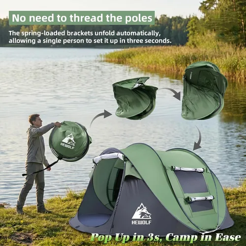 Miniatura 3 de Hewolf Tienda de campaña desplegable para 2/4 personas, fácil instalación instantánea, impermeable, tienda familiar automática para camping