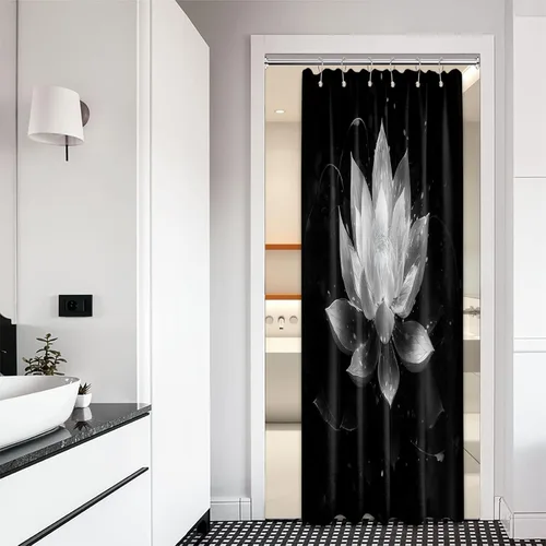 Miniatura 61 de Cortina de ducha con flores de loto negro y azul para decoración de baño, juego de cortinas decorativas de baño con estampado floral, tela