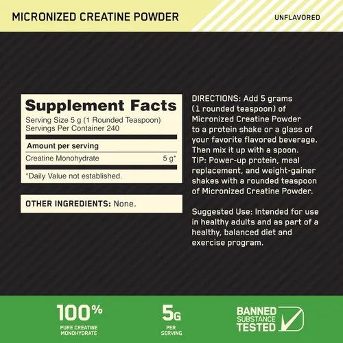 Miniatura 2 de Optimum Nutrition Creatina Micronizada Monohidrato en polvo, sin sabor, 240 porciones, 1200 gramos (el embalaje puede variar)