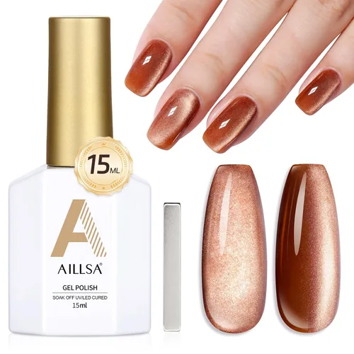 AILLSA - Esmalte de uñas de gel ojo de gato color marrón con purpurina dorada con imán, esmalte de uñas de gel ámbar destello nude con cristales