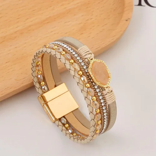 Miniatura 2 de Jewbelet - Pulsera de cuero estilo bohemio con cuentas de cristal con cierre de joyería para mujer