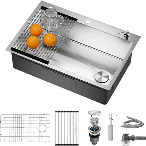 Miniatura 10 de Fregadero de cocina de acero inoxidable S304 de calibre 16, 30 x 18 x 10 pulgadas, hecho a mano, moderno, con accesorios y fregaderos de cocina