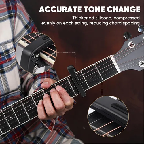 Miniatura 5 de AARVI Cejilla de guitarra de 6 cuerdas para guitarras acústicas y eléctricas, abrazadera universal con 4 púas de alta calidad, compatible con Negro