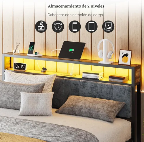 Miniatura 5 de OLEVS Base de cama King con cabecero, plataforma de metal tamaño King con almacenamiento de 2 niveles, luz LED y estación de carga tipo C,