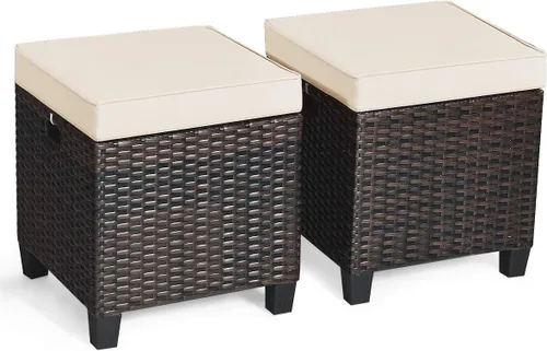 Miniatura 19 de Tangkula - 2 asientos otomanos de patio, mesa lateral de ratán PE tejido a mano de Patiojoy con cojín extraíble y espacio de almacenamiento oculto