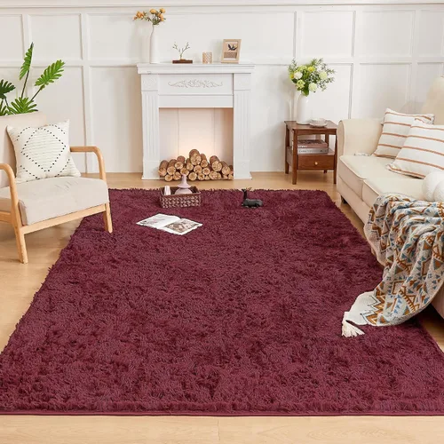 Miniatura 9 de Andency Alfombras suaves color burdeos para sala de estar, dormitorio, 5 x 8 pies, alfombra de noche lanuda esponjosa, antideslizante, alfombra
