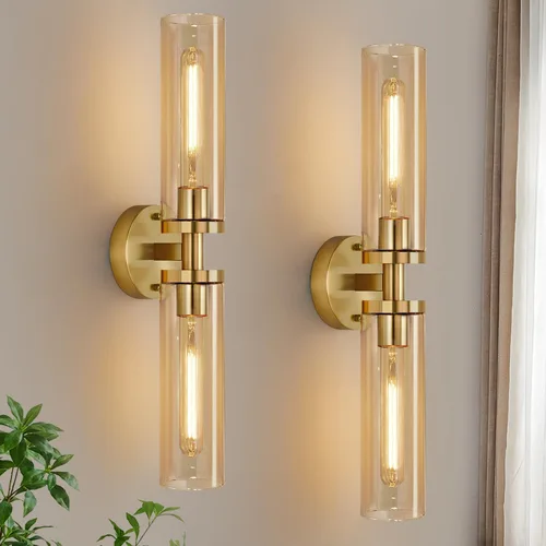 Miniatura 18 de Juego de 2 apliques de pared, apliques de baño de níquel cepillado cableados con vidrio transparente, apliques modernos para decoración de pared