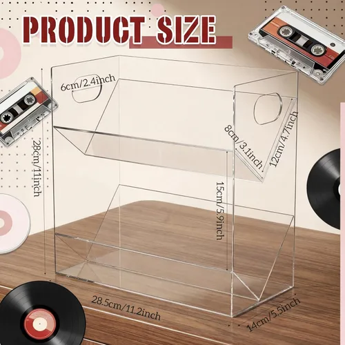 Miniatura 2 de Kathfly Soporte de cinta de casete de acrílico transparente, moderno, 2 niveles, retro, cinta de audio, estante de almacenamiento con asas