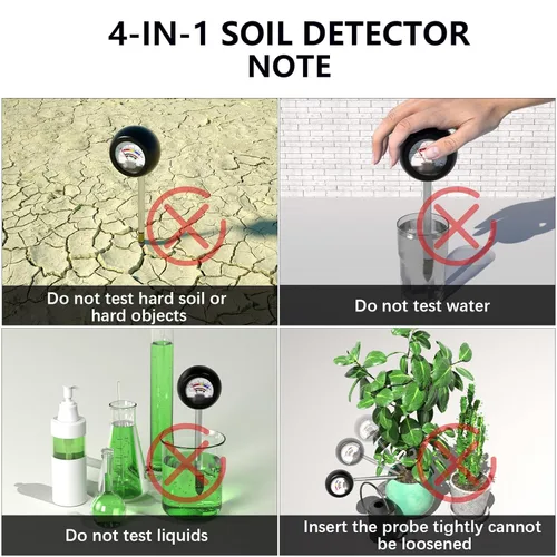 Miniatura 7 de Probador de suelo 4 en 1, medidor de humedad de plantas sin batería con PH/humedad/prueba de luz/fertilizante, medidor de pH del suelo para jardín