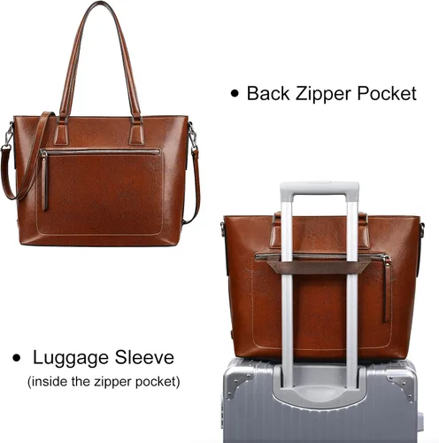 Miniatura 6 de S-ZONE Bolso de mano de cuero genuino para mujer, maletín vintage, bolso de trabajo, bolso grande de 15.6 pulgadas, L
