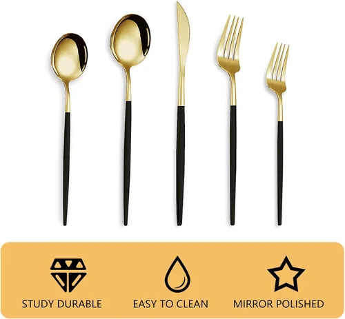 Miniatura 3 de Kawlity Cubiertos de acero inoxidable duraderos negros y dorados pulidos, cucharas, tenedores, 30 piezas, utensilios de mesa, para cocina