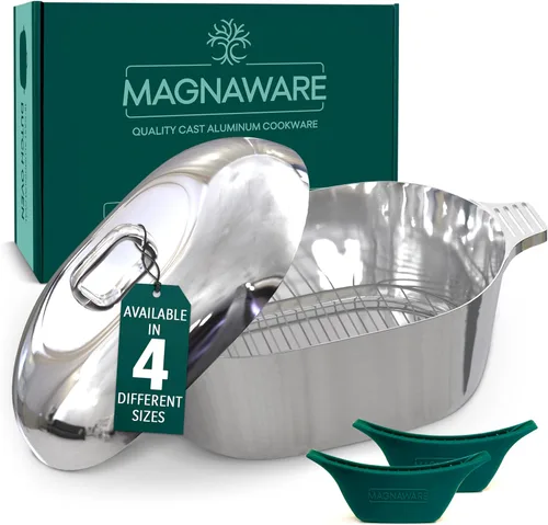 Miniatura 10 de MAGNAWARE Horno holandés ovalado de aluminio fundido con tapa, sartén resistente de 5 cuartos de galón con estante y cubierta de silicona con asas
