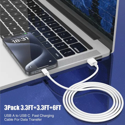 Miniatura 6 de Cable Carplay de coche para iPhone 17 16 15 Pro Plus Pro Max Air, paquete de 3 [3.3 pies + 3.3 pies + 6 pies] USB A a USB C cable para iPhone 17 16