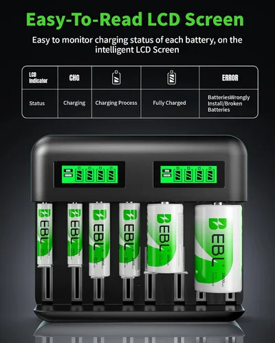 Miniatura 2 de EBL Paquete de 4 baterías recargables D de 1.2 V 10000 mAh de alta capacidad con cargador de batería inteligente LCD para baterías recargables Ni-MH