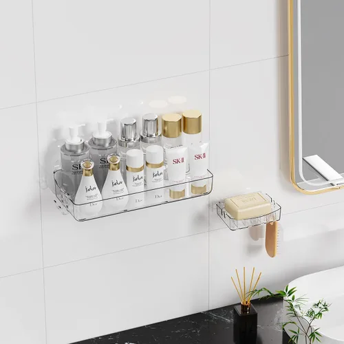 Miniatura 6 de Sotfamily Organizador de Ducha Transparente, Estantes de Ducha de Acrílico Montados en la Pared con Jabonera y Almohadillas Adhesivas